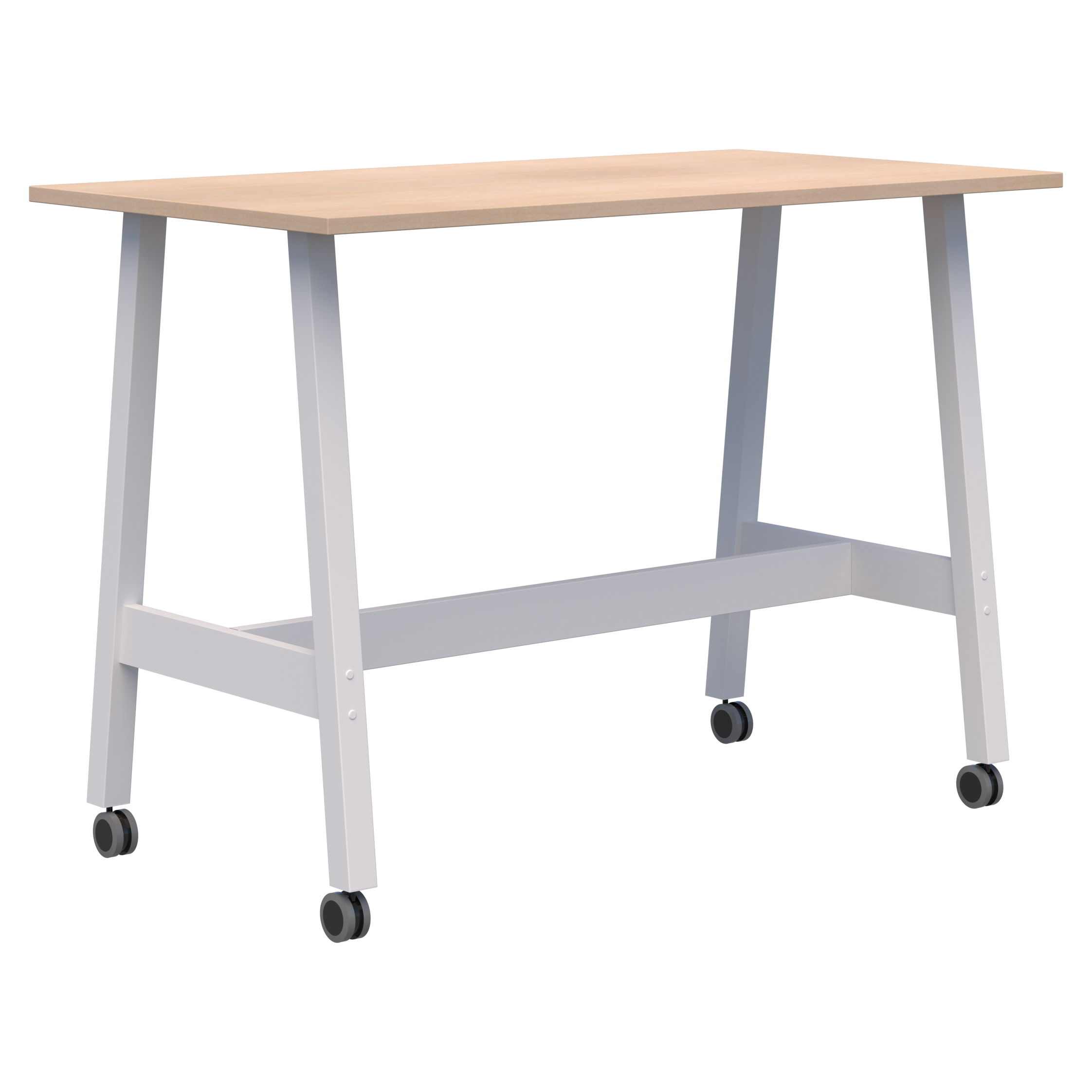 A mobile leaner desk with a noak-colored tabletop and a white metal frame on heavy duty locking castors.